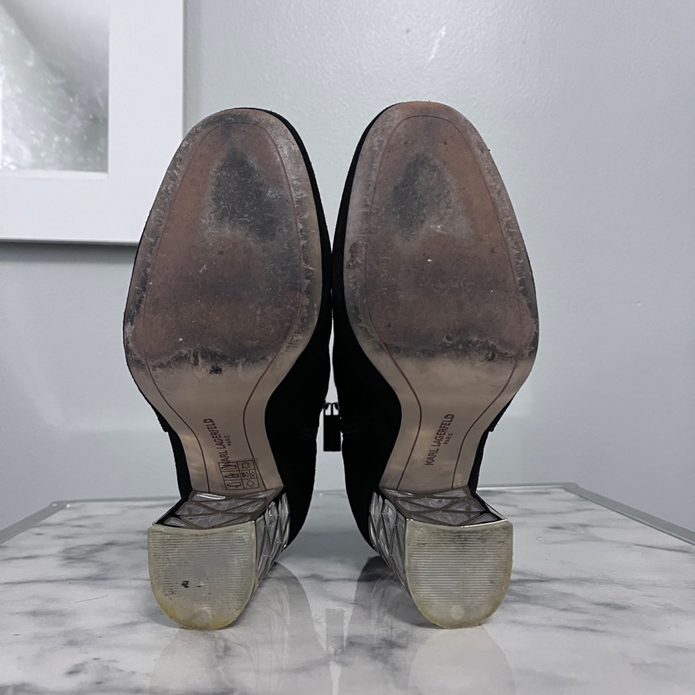 Karl Lagerfeld Shawna Black Suede Bootie With Clear Lucite Heel and Gold Design - Picture 5 of 7